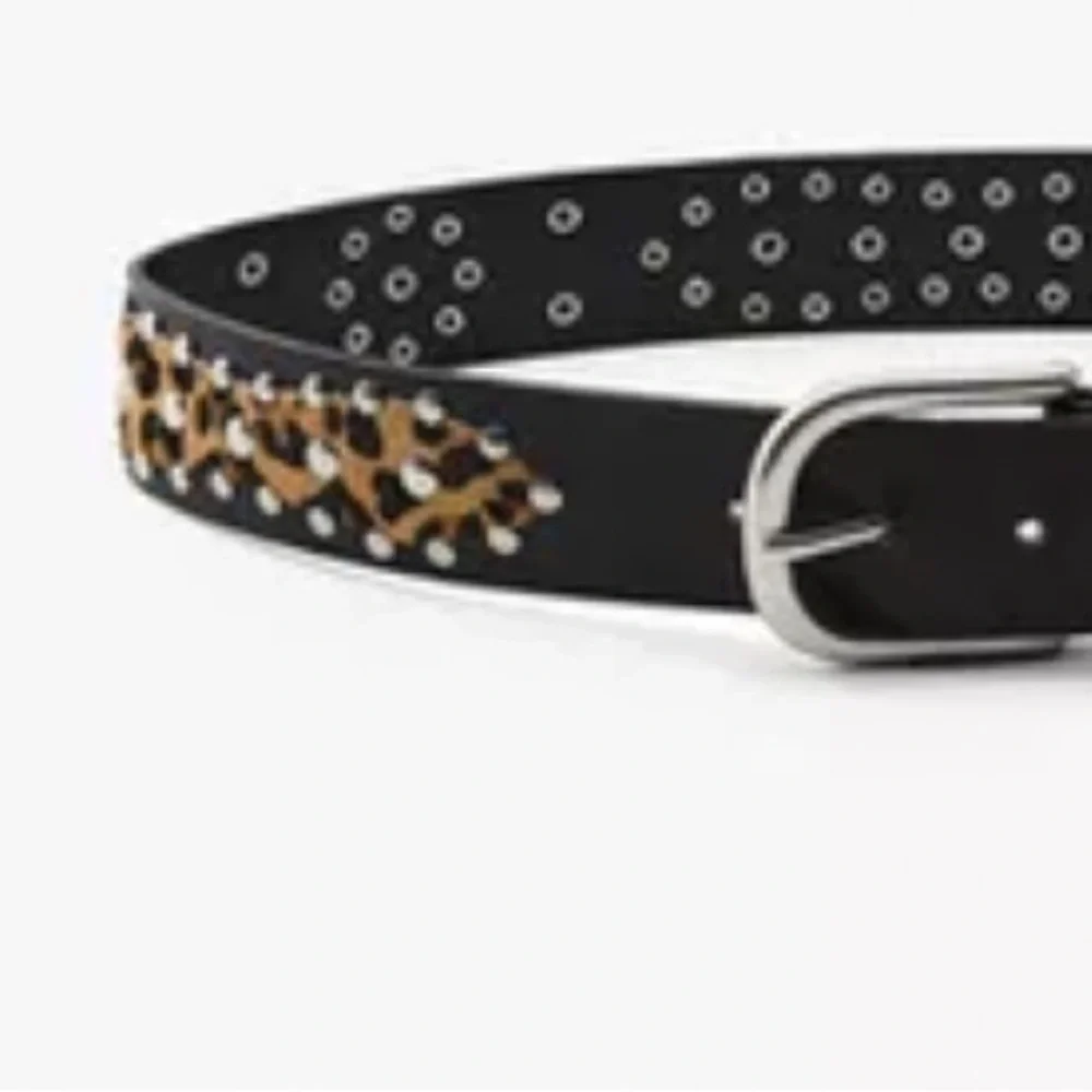 NWT. Zara Black Leather Animal Print Studded Belt. Size 32.